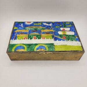 5.75" x 3.75" Vintage Chinese Cloisonne Enamel Brass Hinged Box Colorful